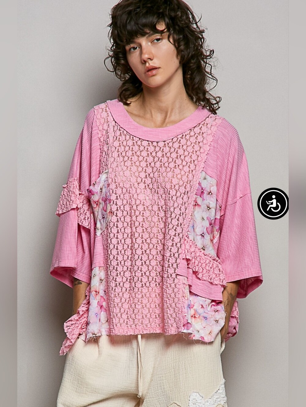 POL NWOT Pink Crochet Panel Floral Patchwork Blouse